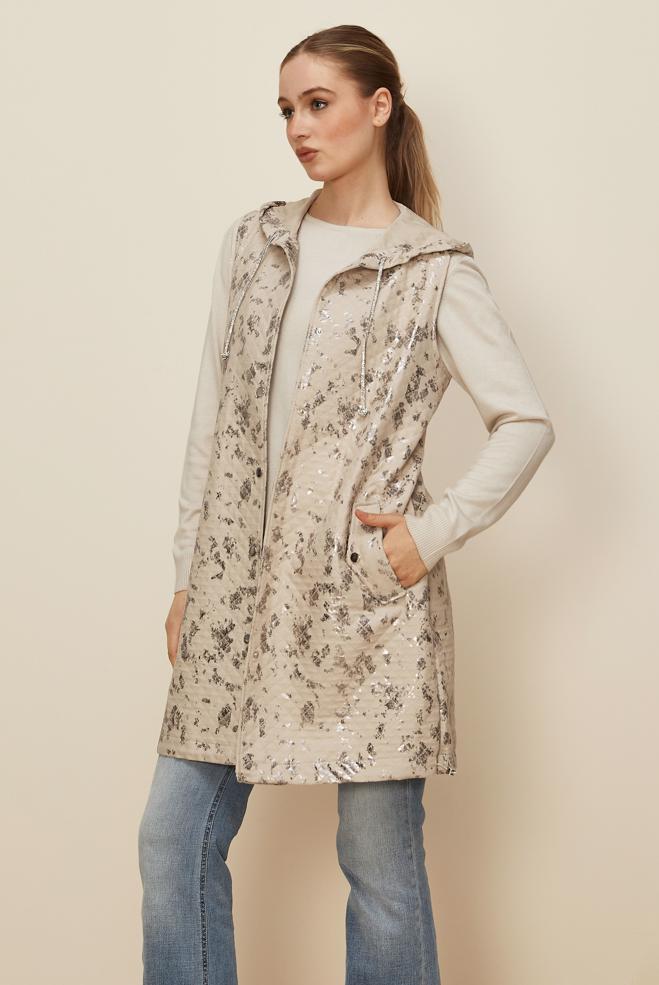 Tesettür giyim BEJ VARAK BASKILI KAPİTONE YELEK 46150 - ALVİNA