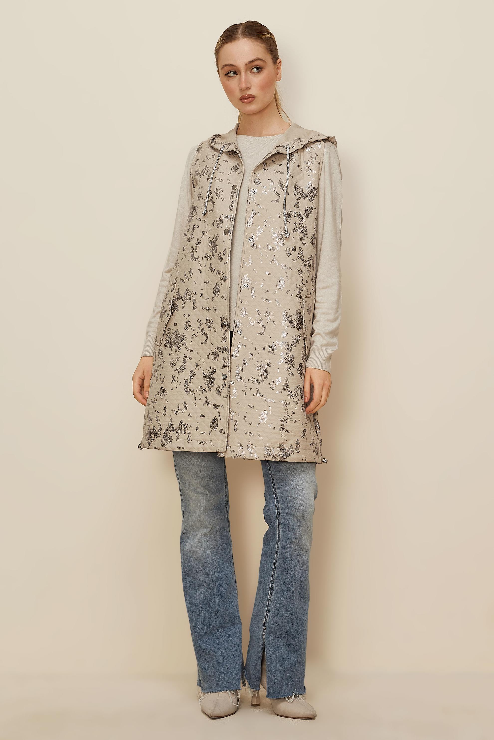 Tesettür giyim BEJ VARAK BASKILI KAPİTONE YELEK 46150