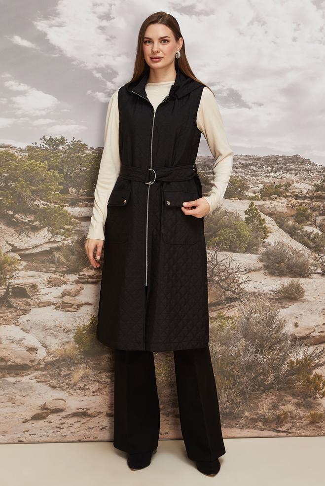 Hijab clothing BLACK BELTED QUILTED VEST 46214 - ALVİNA