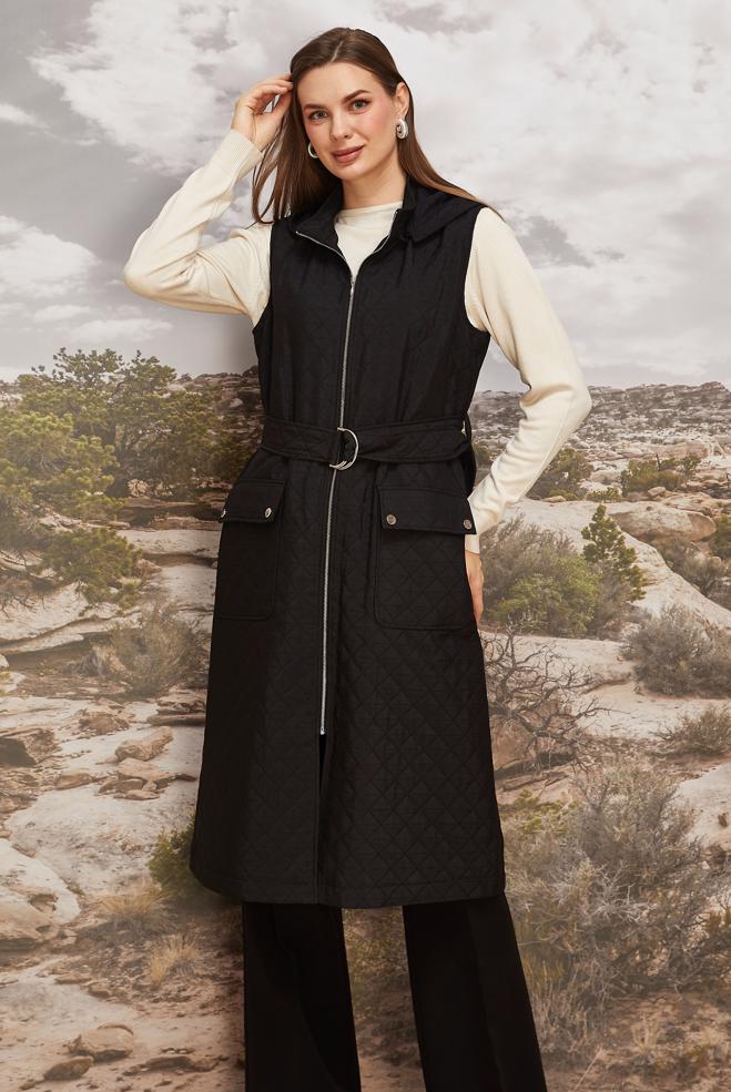 Hijab clothing BLACK BELTED QUILTED VEST 46214 - ALVİNA