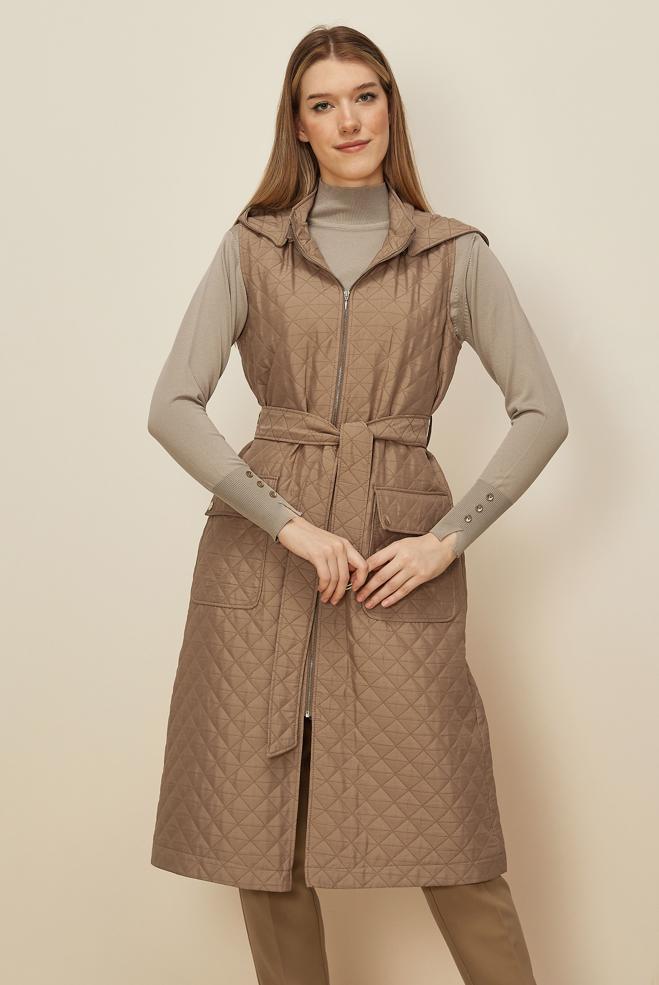 Hijab clothing BROWN BELTED QUILTED VEST 46214 - ALVİNA