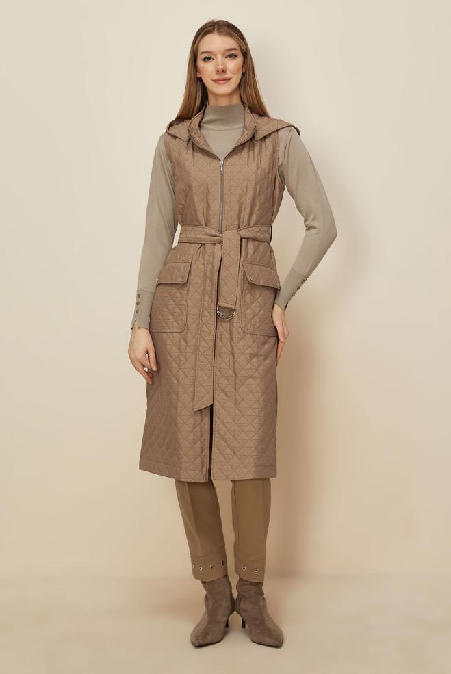 Hijab clothing BROWN BELTED QUILTED VEST 46214 - ALVİNA