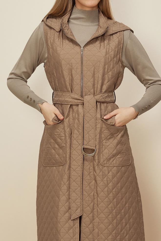Hijab clothing BROWN BELTED QUILTED VEST 46214 - ALVİNA