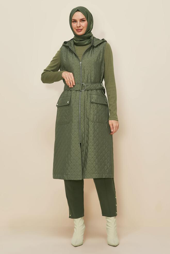 Hijab clothing KHAKI BELTED QUILTED VEST 46214 - ALVİNA