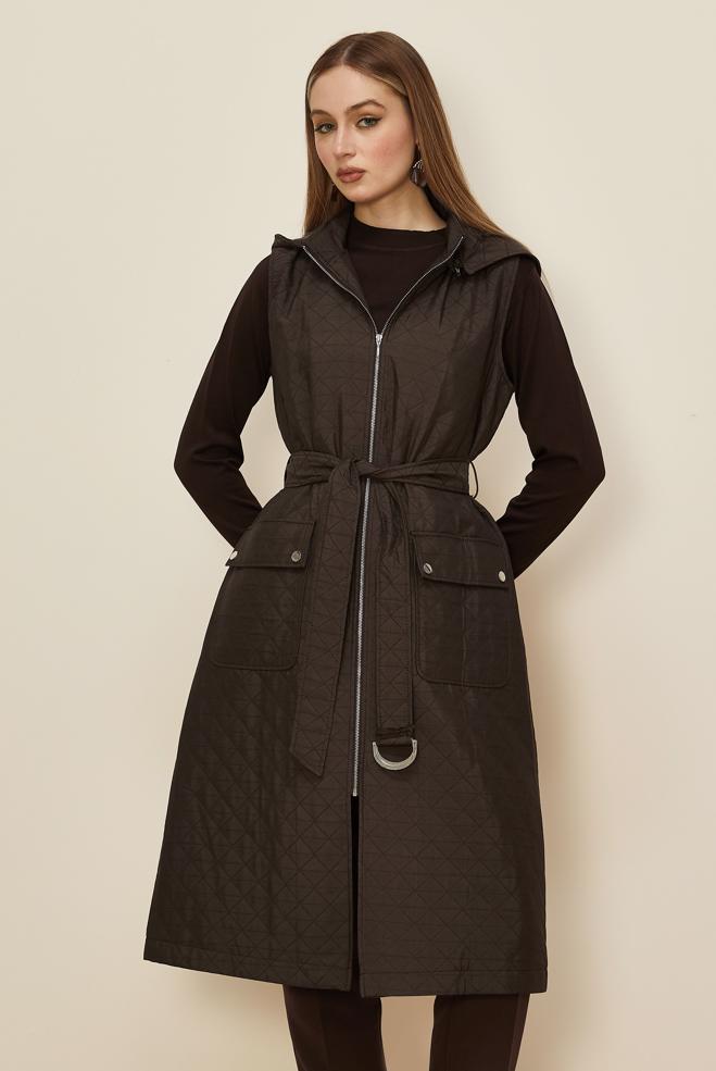 Tesettür giyim KAHVE KEMERLİ KAPİTONE YELEK 46214 - ALVİNA