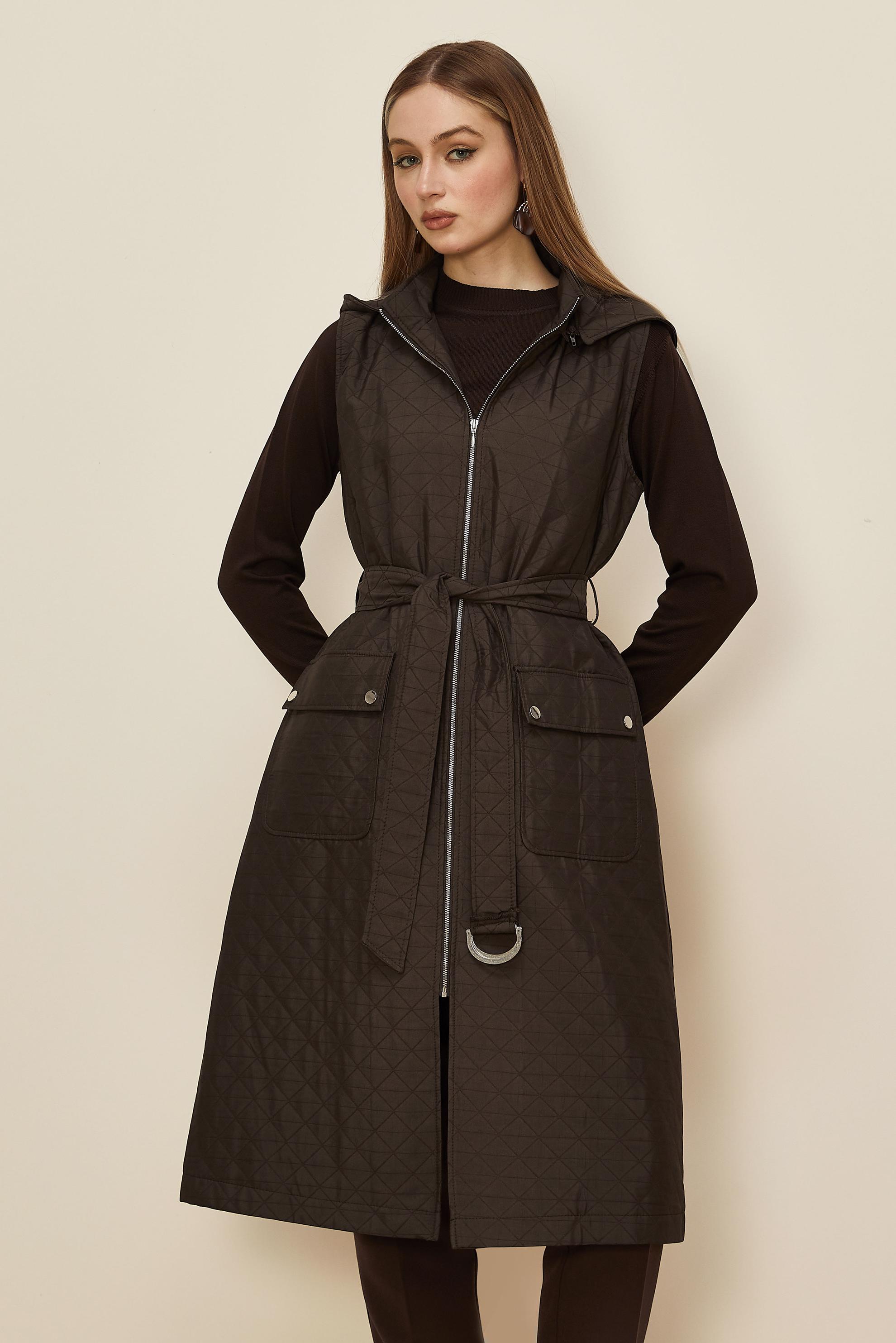 Tesettür giyim KAHVE KEMERLİ KAPİTONE YELEK 46214