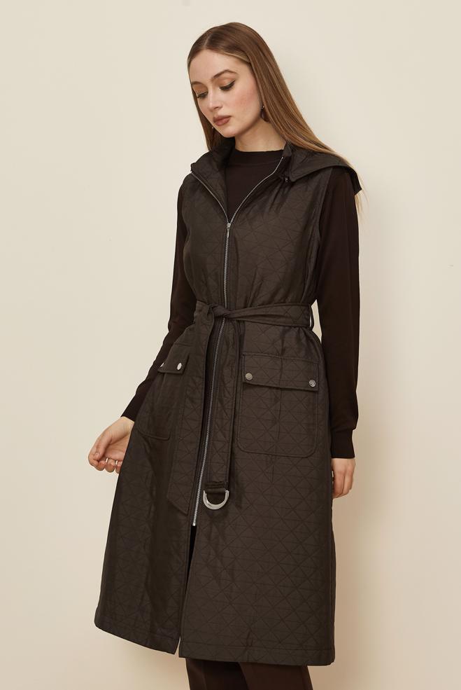 Tesettür giyim KAHVE KEMERLİ KAPİTONE YELEK 46214 - ALVİNA