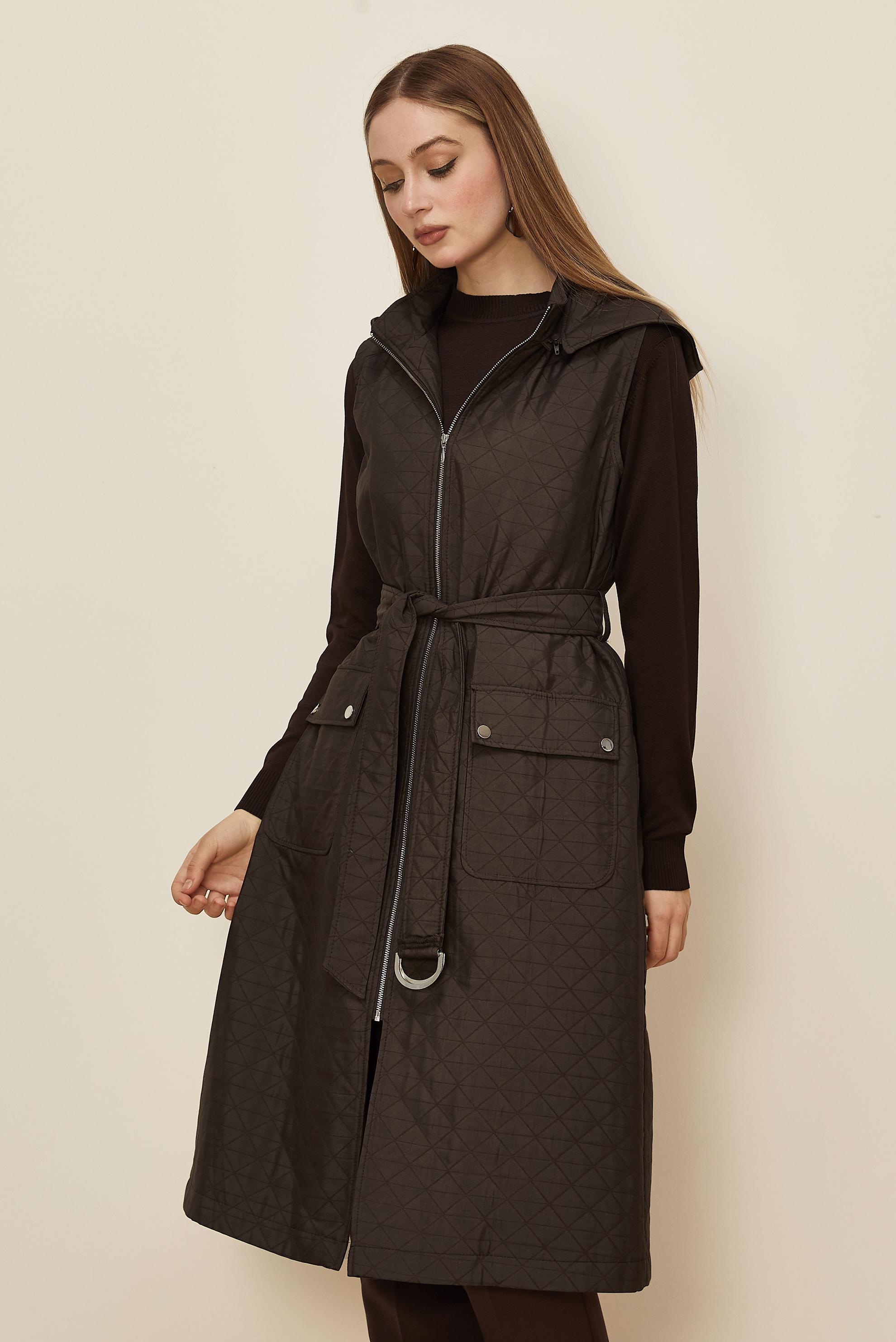 Tesettür giyim KAHVE KEMERLİ KAPİTONE YELEK 46214