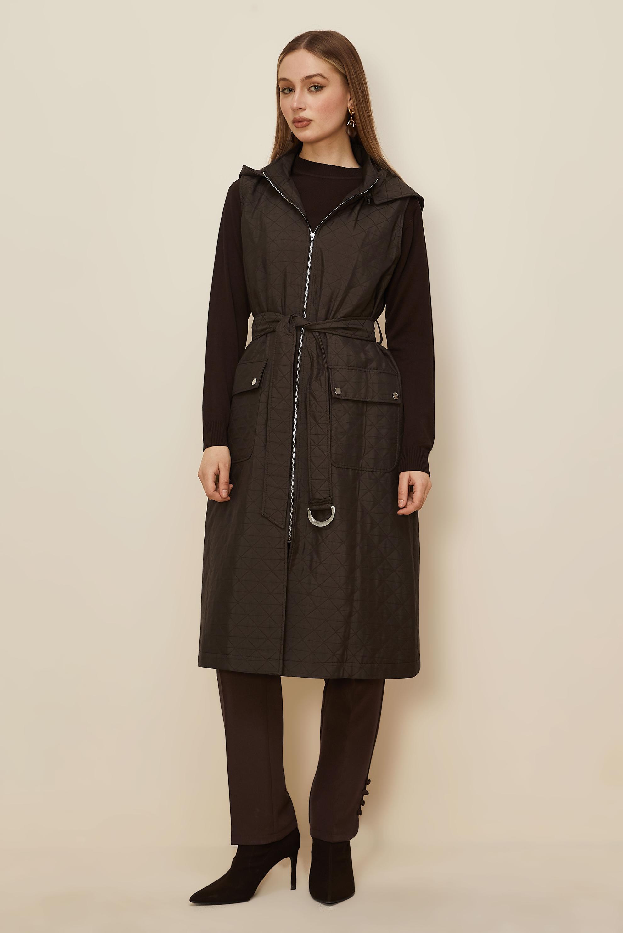 Tesettür giyim KAHVE KEMERLİ KAPİTONE YELEK 46214