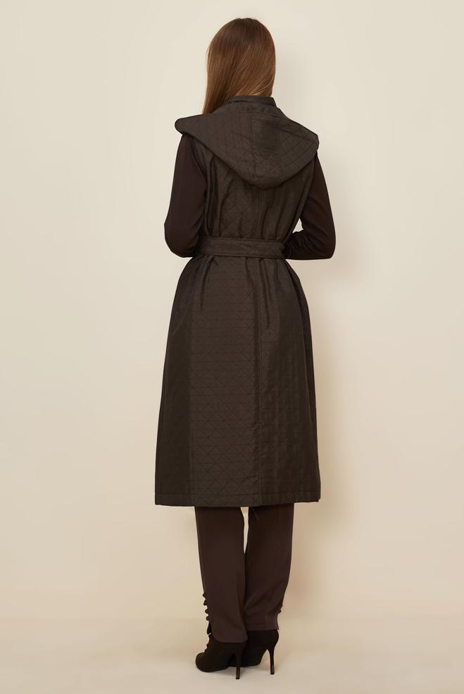 Tesettür giyim KAHVE KEMERLİ KAPİTONE YELEK 46214 - ALVİNA