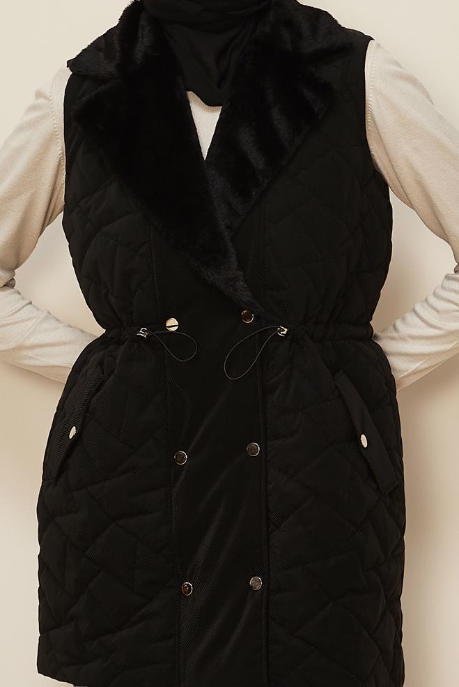 Hijab clothing BLACK SMOCKED WAIST QUILTED VEST 46218 - ALVİNA