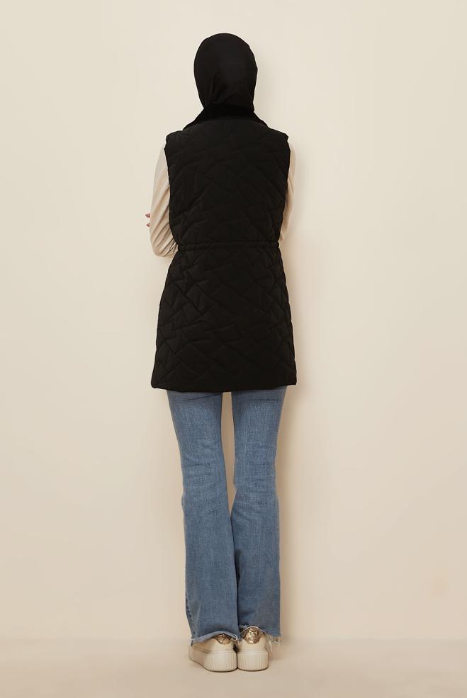 Hijab clothing BLACK SMOCKED WAIST QUILTED VEST 46218 - ALVİNA