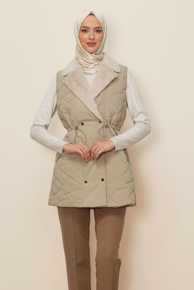 Hijab clothing BEIGE SMOCKED WAIST QUILTED VEST 46218 - ALVİNA