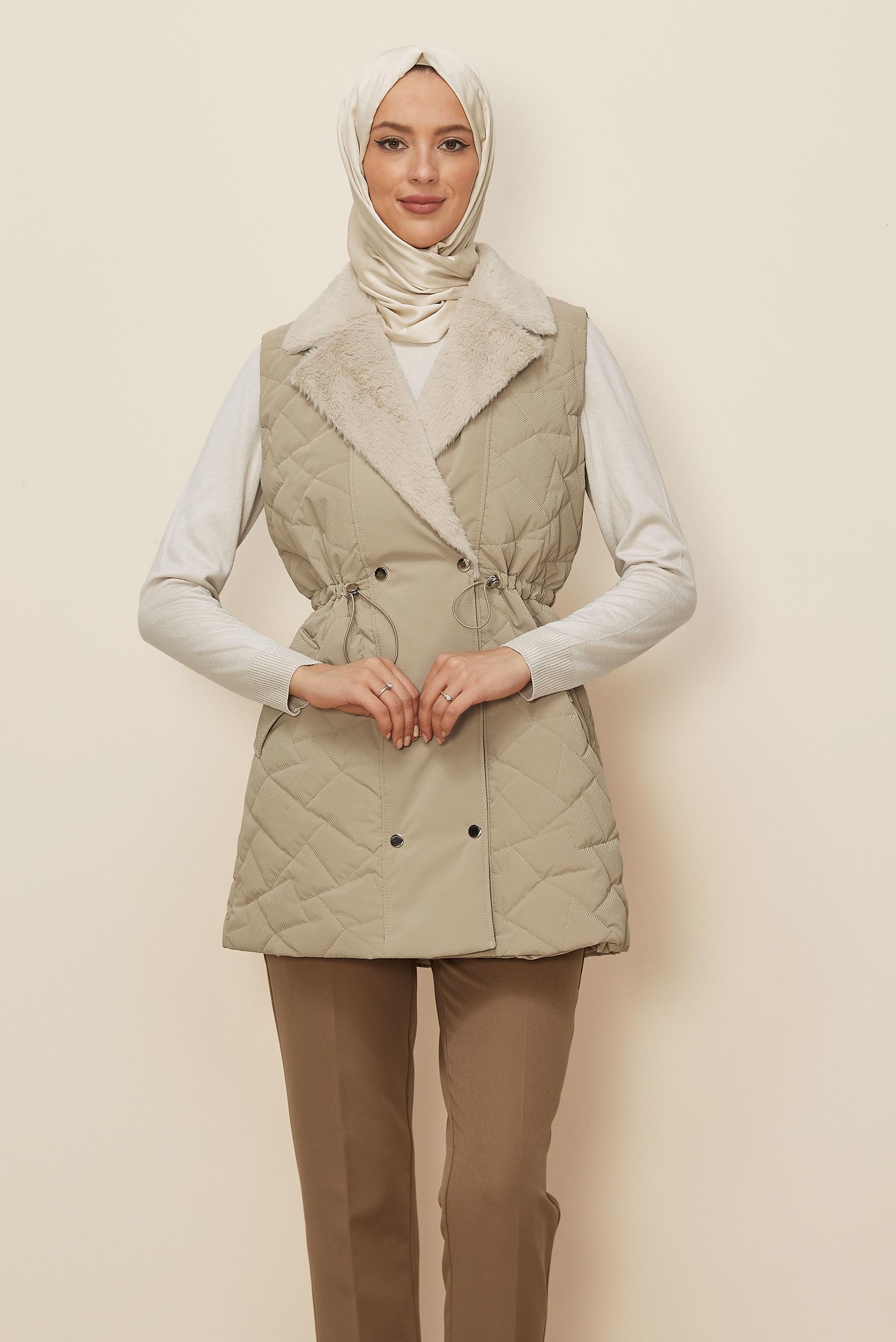 Hijab clothing BEIGE SMOCKED WAIST QUILTED VEST 46218