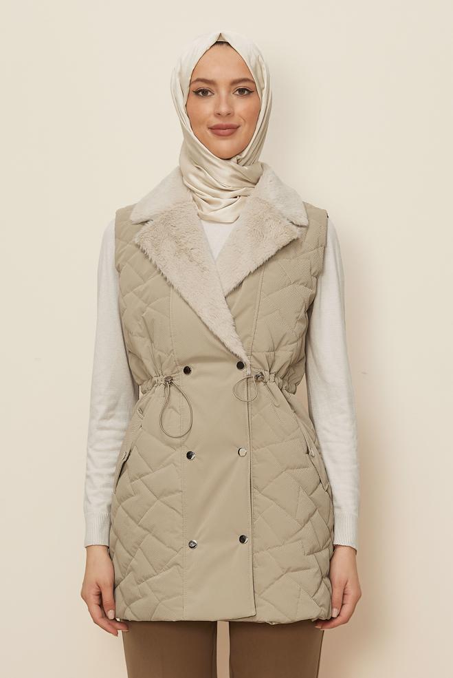 Hijab clothing BEIGE SMOCKED WAIST QUILTED VEST 46218 - ALVİNA
