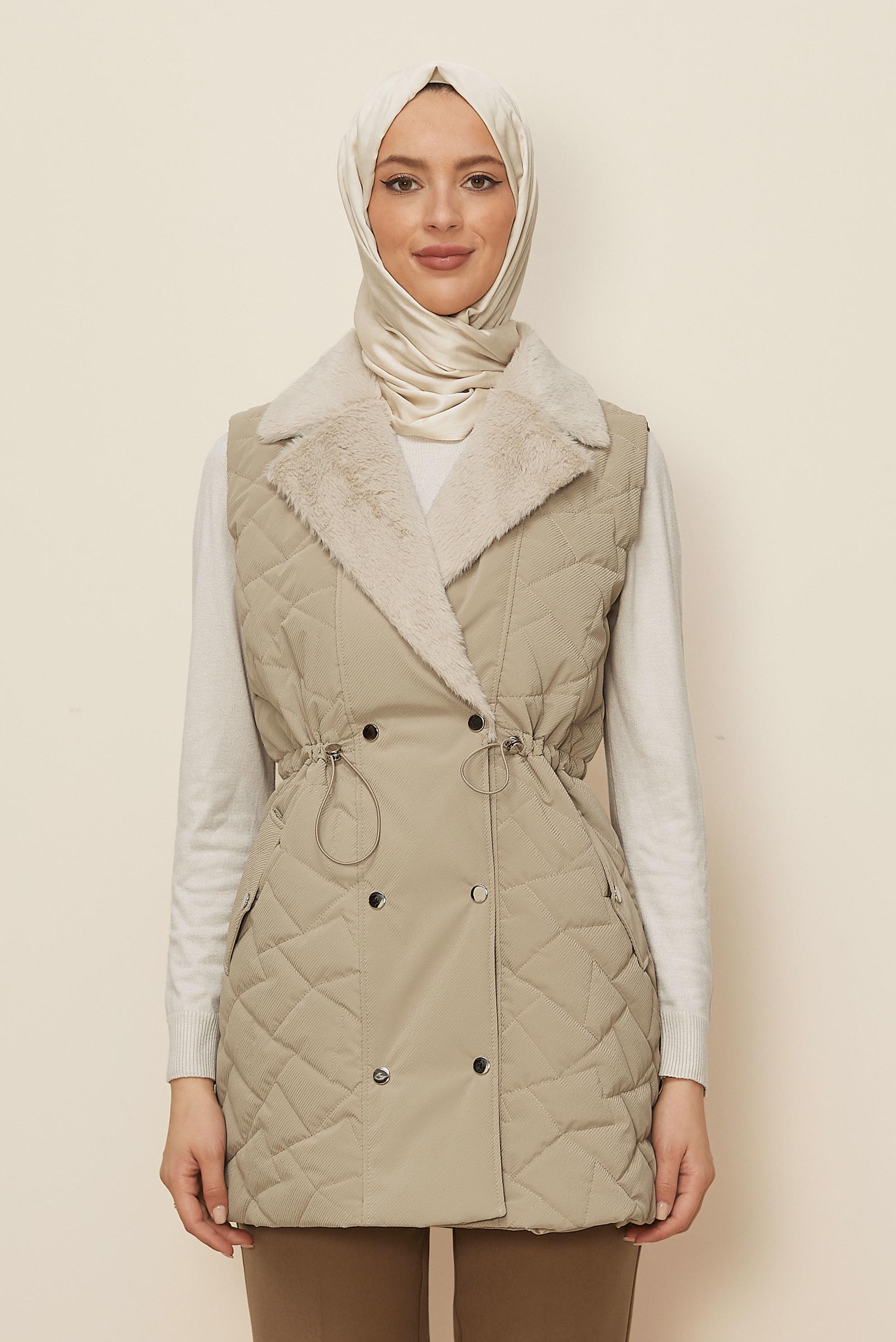 Hijab clothing BEIGE SMOCKED WAIST QUILTED VEST 46218