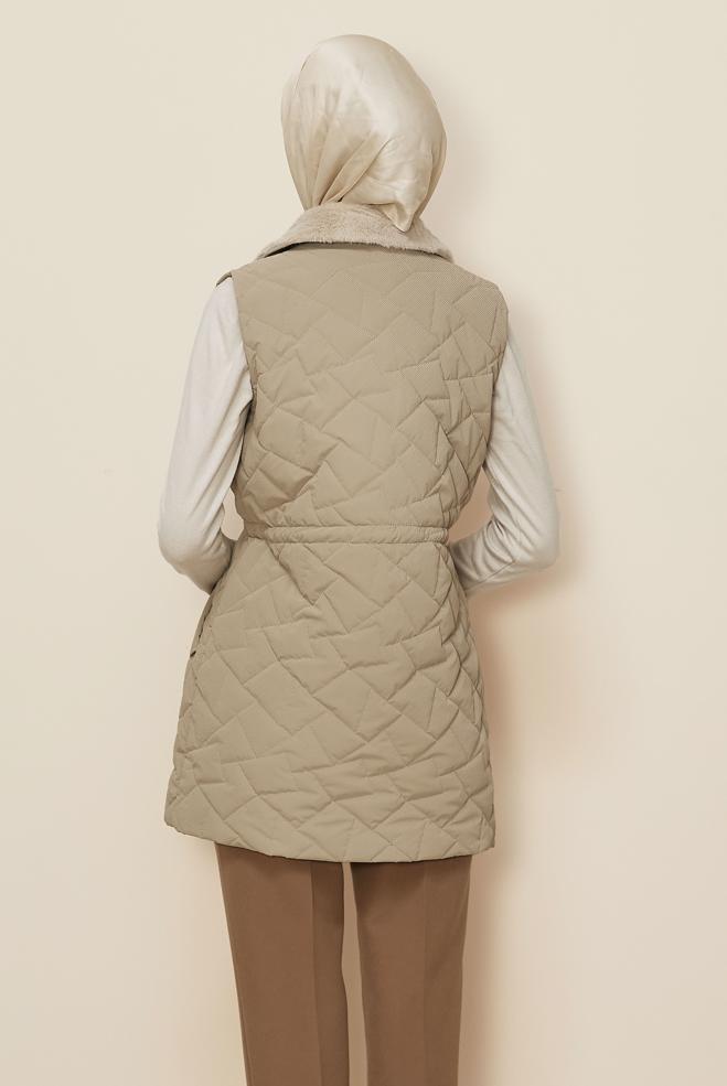 Hijab clothing BEIGE SMOCKED WAIST QUILTED VEST 46218 - ALVİNA