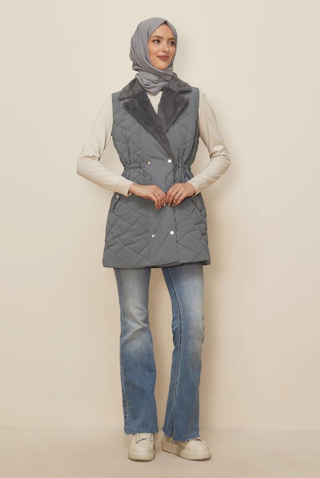 Hijab clothing GREY SMOCKED WAIST QUILTED VEST 46218 - ALVİNA