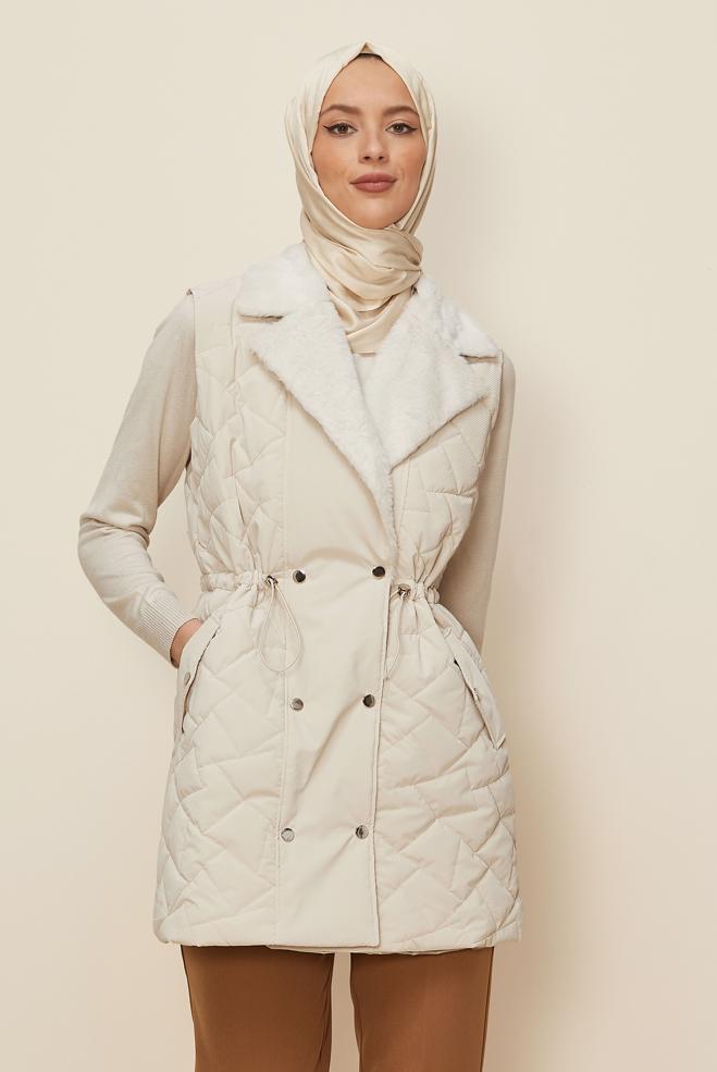 Hijab clothing BEIGE SMOCKED WAIST QUILTED VEST 46218 - ALVİNA