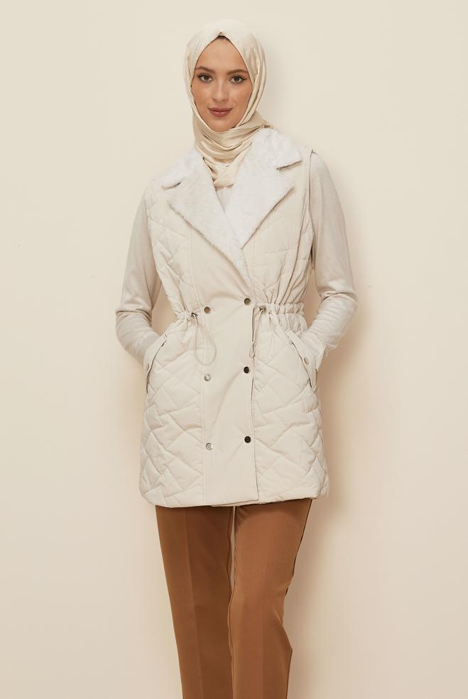 Hijab clothing BEIGE SMOCKED WAIST QUILTED VEST 46218 - ALVİNA