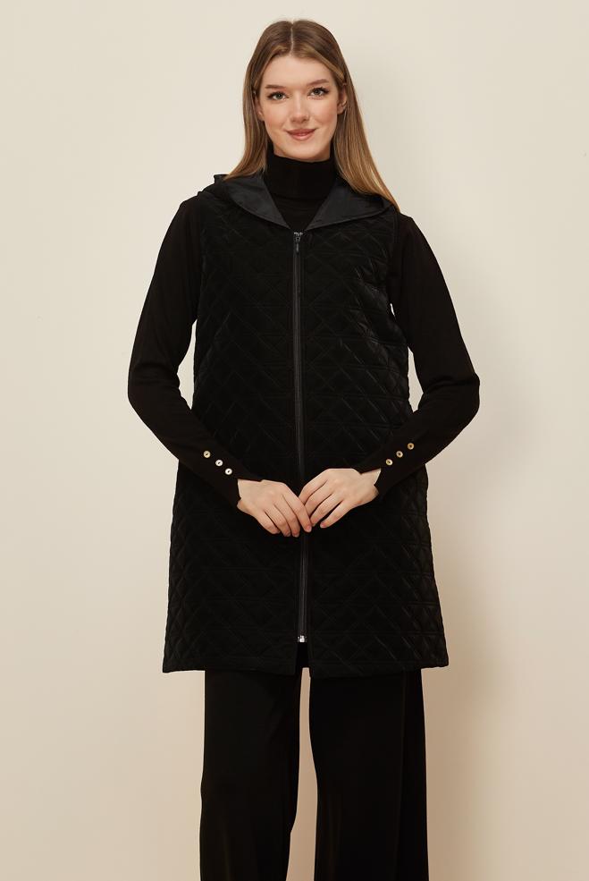 Tesettür giyim SİYAH KAPÜŞONLU KAPİTONE YELEK 46275 - ALVİNA