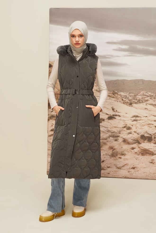 Vêtements hijab GRIS DOUDOUNE À CAPUCHE 90588 - ALVİNA