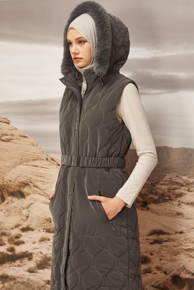 Vêtements hijab GRIS DOUDOUNE À CAPUCHE 90588 - ALVİNA