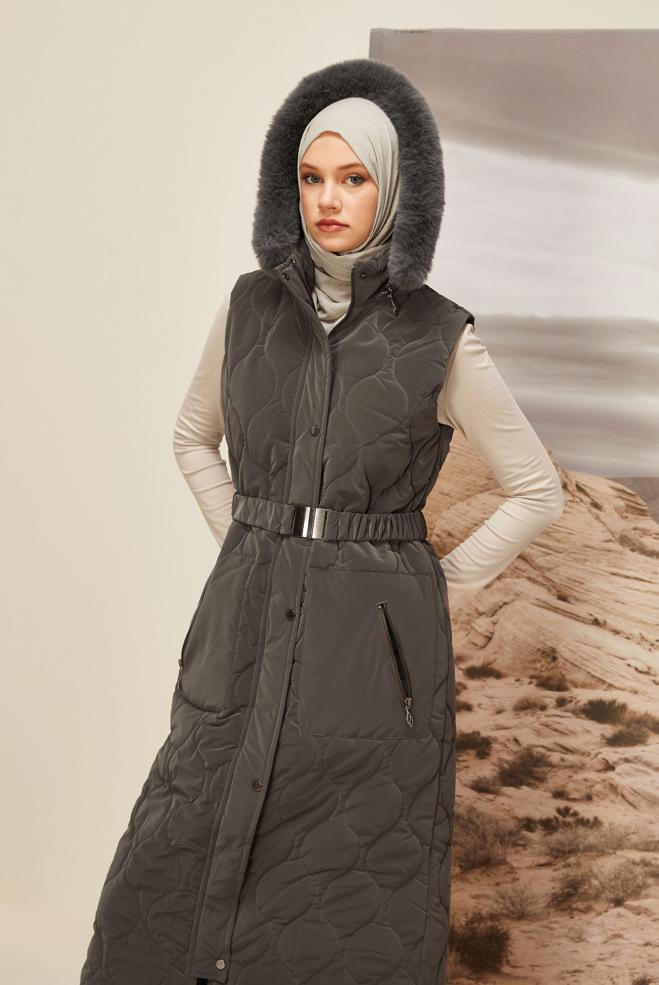 Vêtements hijab GRIS DOUDOUNE À CAPUCHE 90588 - ALVİNA