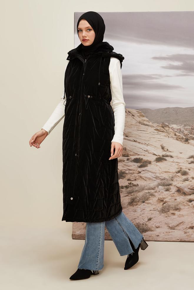 Tesettür giyim SİYAH KAPÜŞONLU YELEK 90589 - ALVİNA