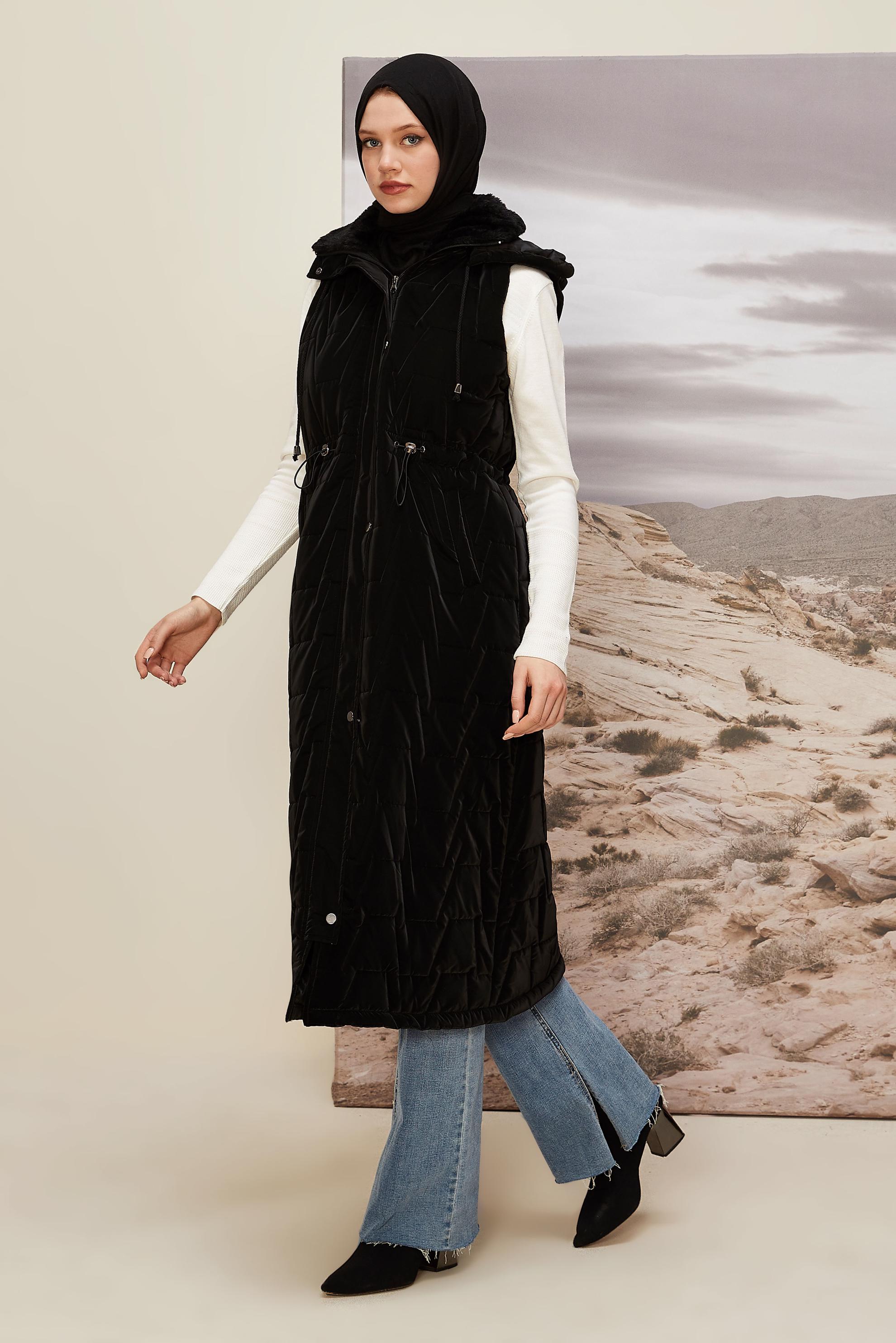 Tesettür giyim SİYAH KAPÜŞONLU YELEK 90589