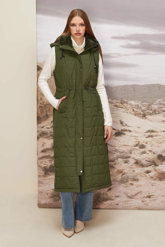 Tesettür giyim HAKİ KAPÜŞONLU YELEK 90589 - ALVİNA