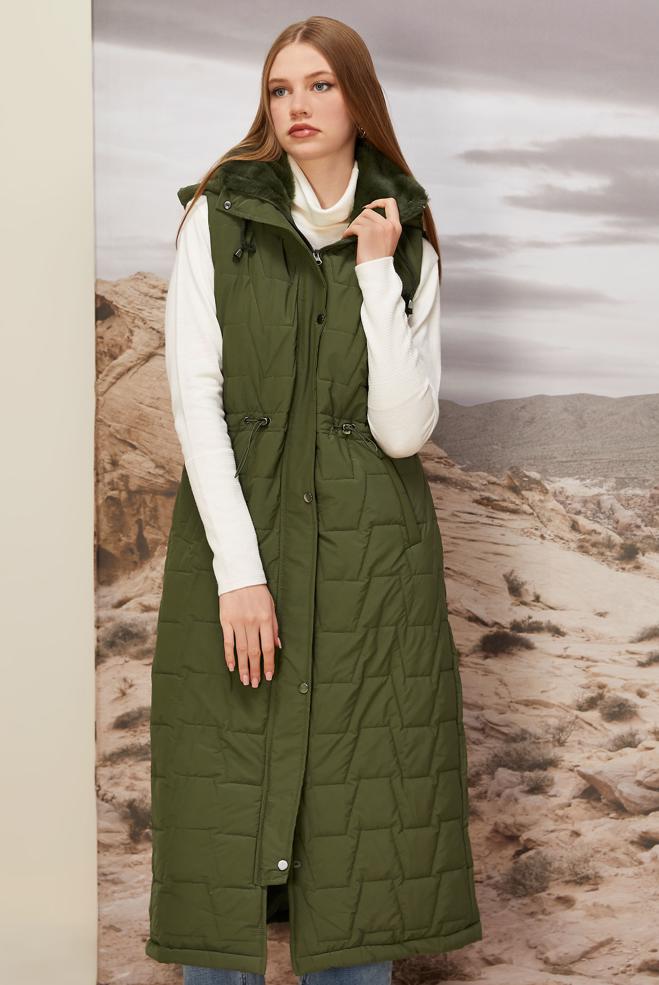 Tesettür giyim HAKİ KAPÜŞONLU YELEK 90589 - ALVİNA