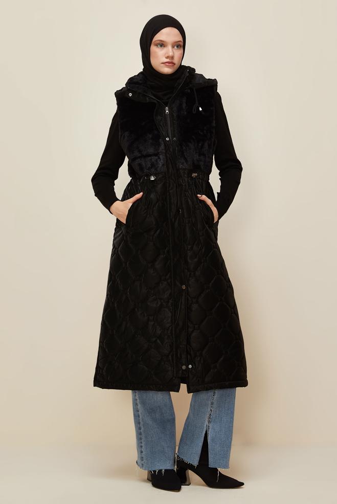 Vêtements hijab NOIR GILET AVEC DÉTAILS EN FOURRURE 90598 - ALVİNA