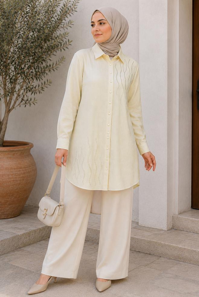 Hijab clothing BEIGE GEM EMBROIDERED MUSLIN TUNIC 20794 - ALVİNA