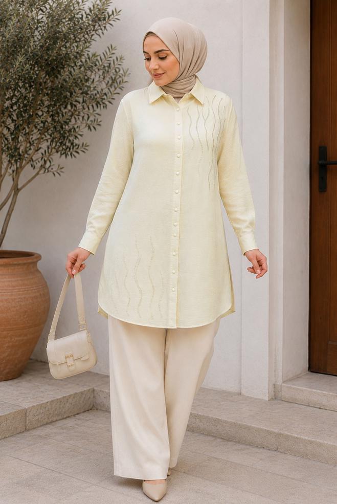 Hijab clothing BEIGE GEM EMBROIDERED MUSLIN TUNIC 20794 - ALVİNA