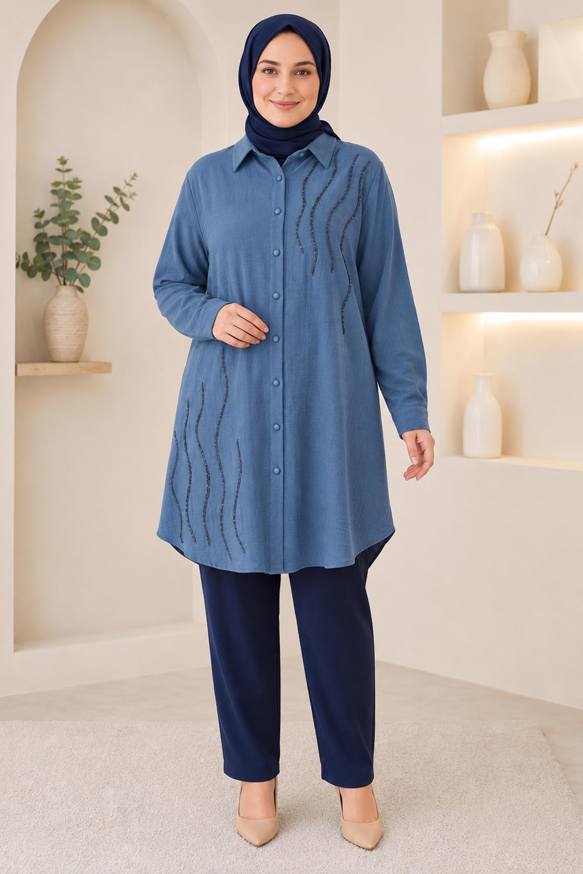 Hijab clothing NAVY BLUE GEM EMBROIDERED MUSLIN TUNIC 20794