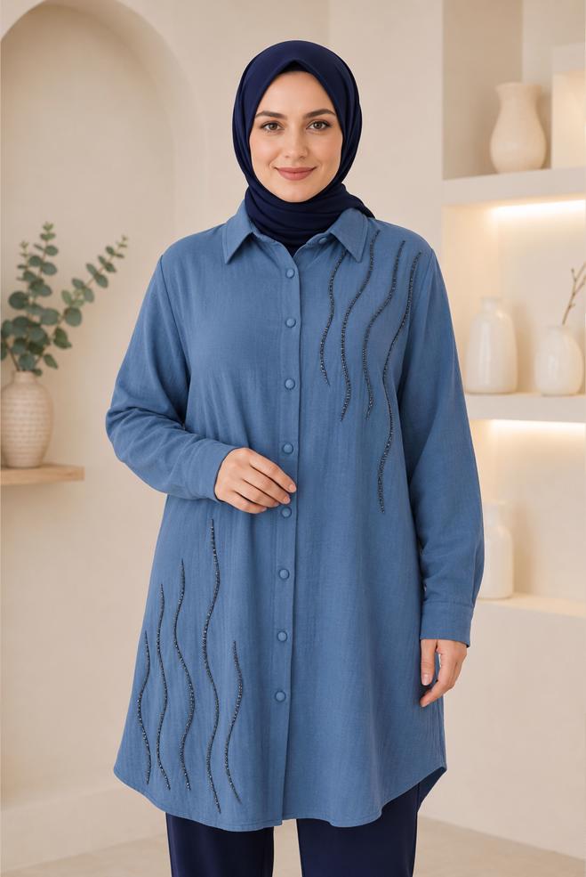 Hijab clothing NAVY BLUE GEM EMBROIDERED MUSLIN TUNIC 20794 - ALVİNA