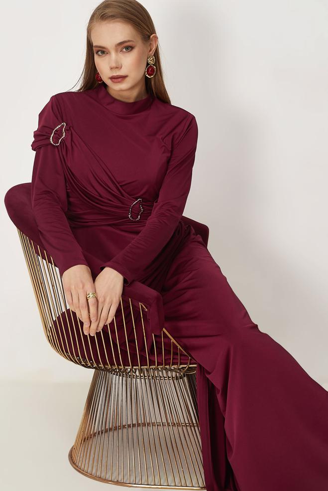 Tesettür giyim BEJ DRAPE DETAYLI SATEN ABİYE ELBİSE 50541 - ALVİNA