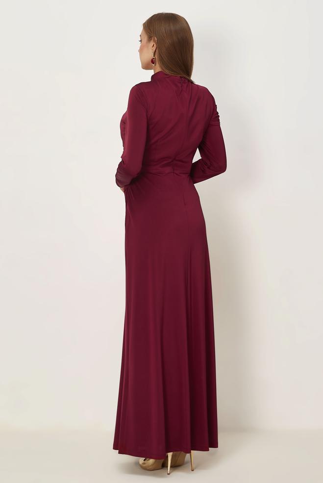 Tesettür giyim BEJ DRAPE DETAYLI SATEN ABİYE ELBİSE 50541 - ALVİNA