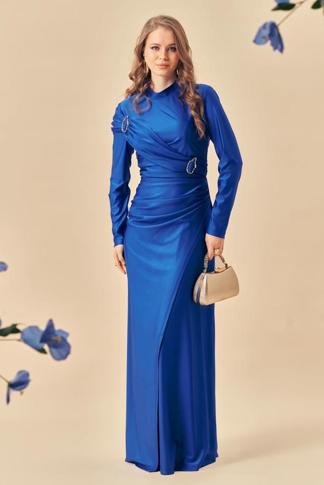 Hijab-Kleidung NAVY BLAU DRAPIERTES SATINKLEID 50541 - ALVİNA