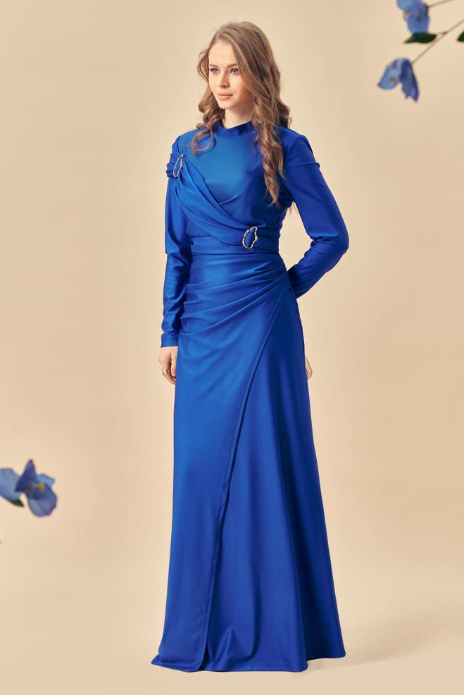 Hijab-Kleidung NAVY BLAU DRAPIERTES SATINKLEID 50541 - ALVİNA