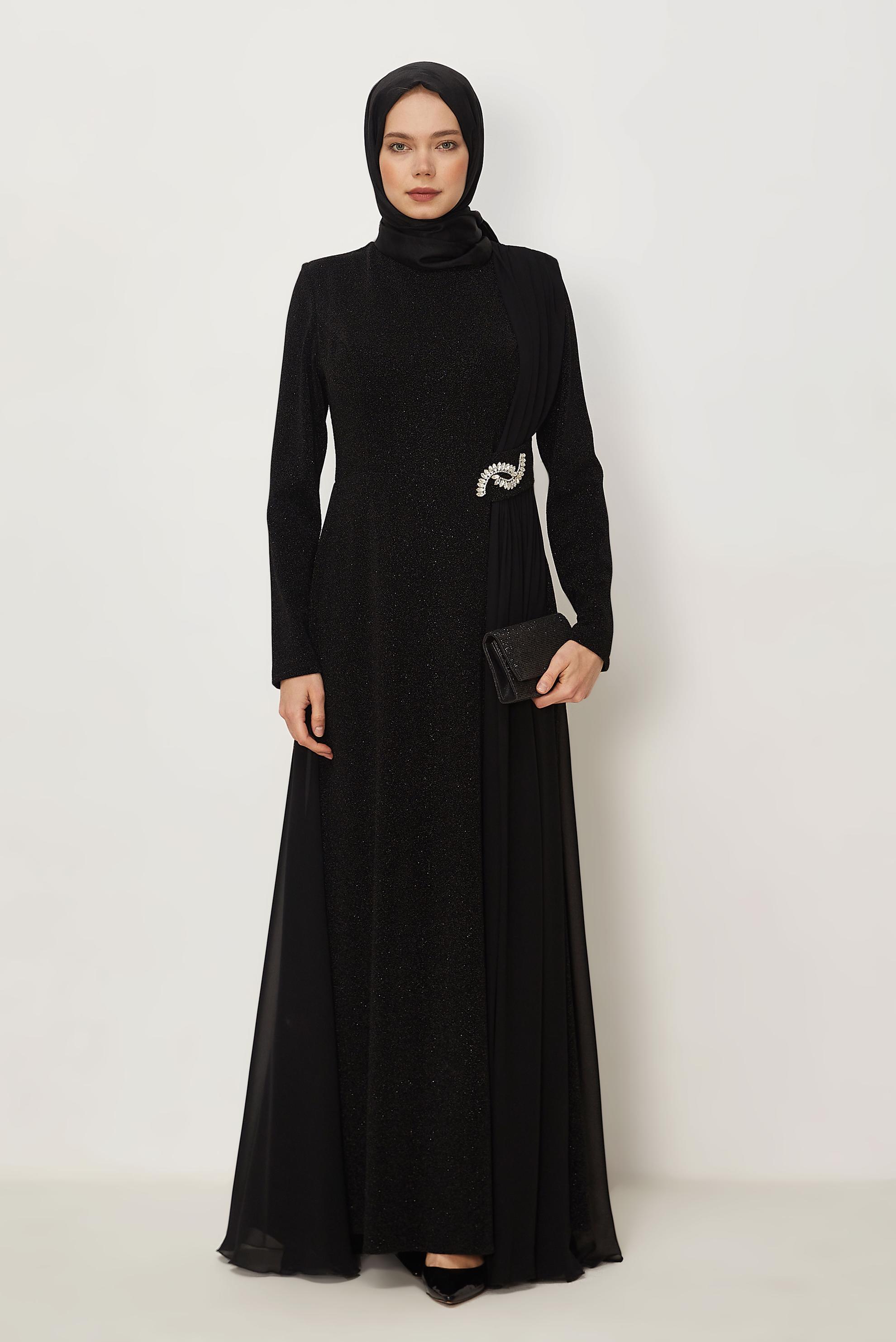 Hijab clothing BLACK TULLE DETAILED EVENING DRESS 50550