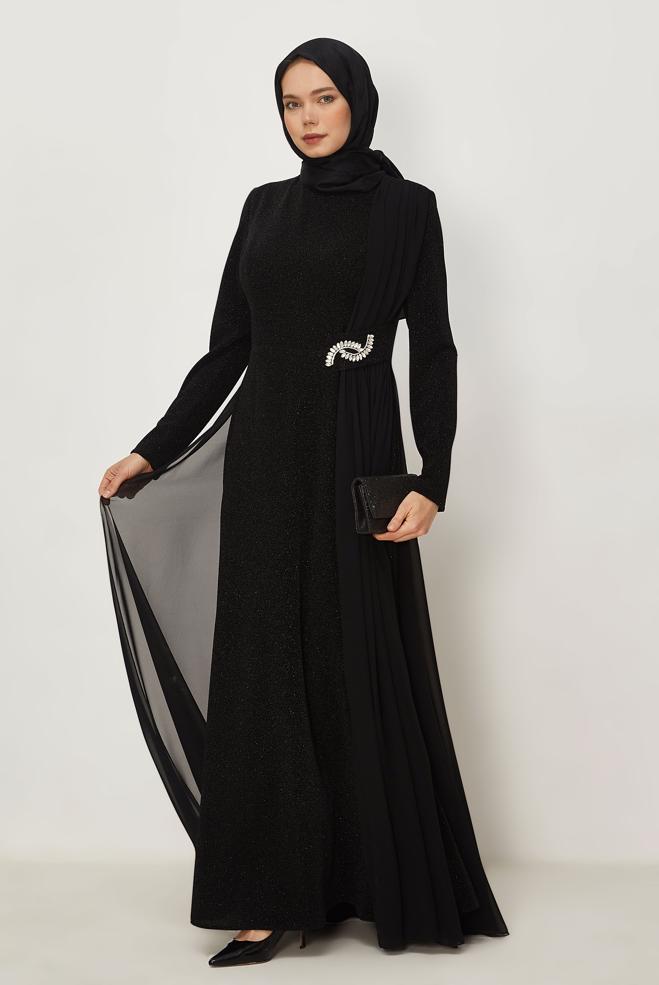 Vêtements hijab NOIR ROBE DE SOIRÉE DÉTAILLÉE EN TULLE 50550 - ALVİNA