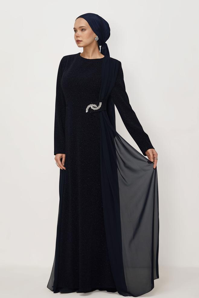 Vêtements hijab BLEU MARINE ROBE DE SOIRÉE DÉTAILLÉE EN TULLE 50550 - ALVİNA