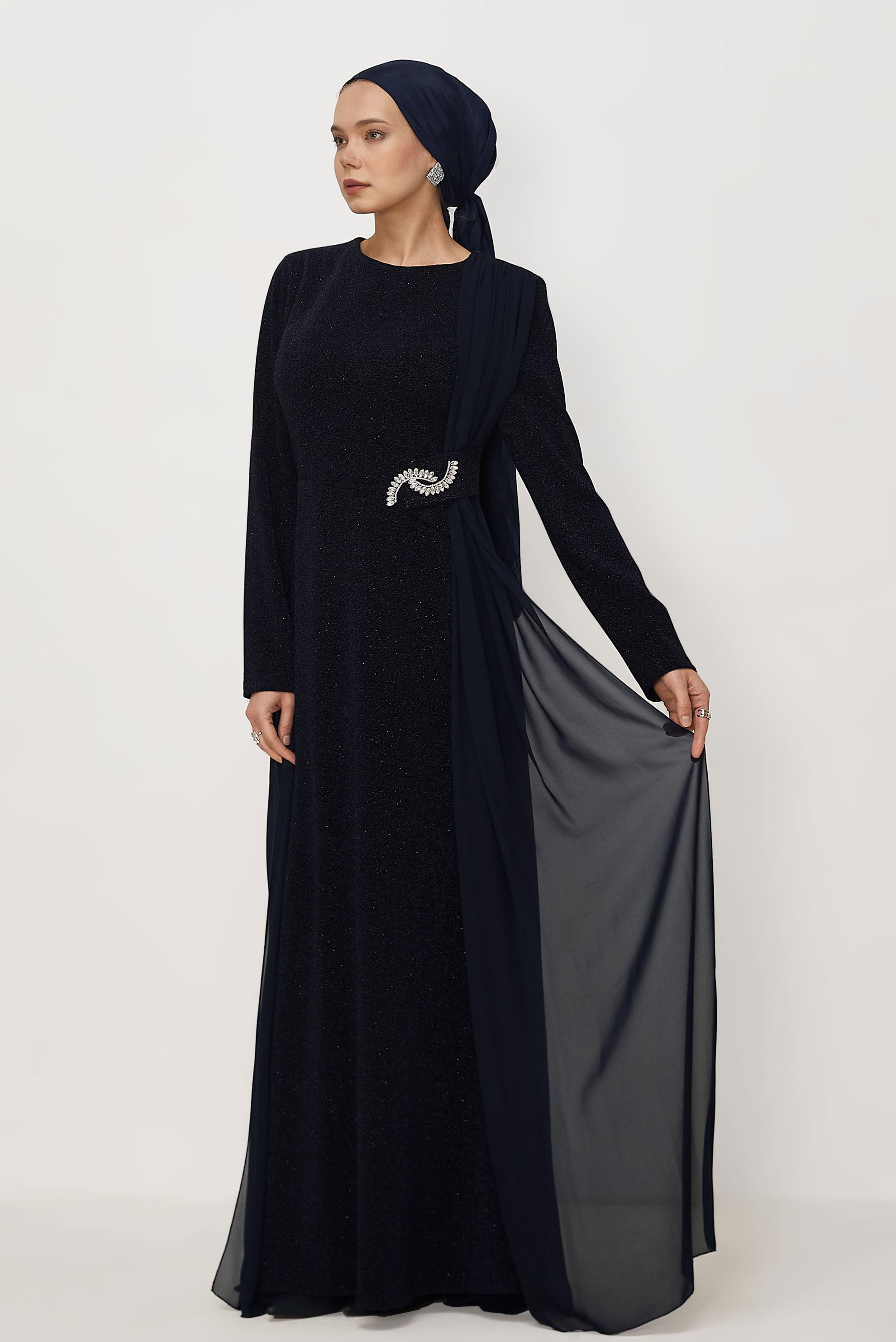 Hijab clothing NAVY BLUE TULLE DETAILED EVENING DRESS 50550