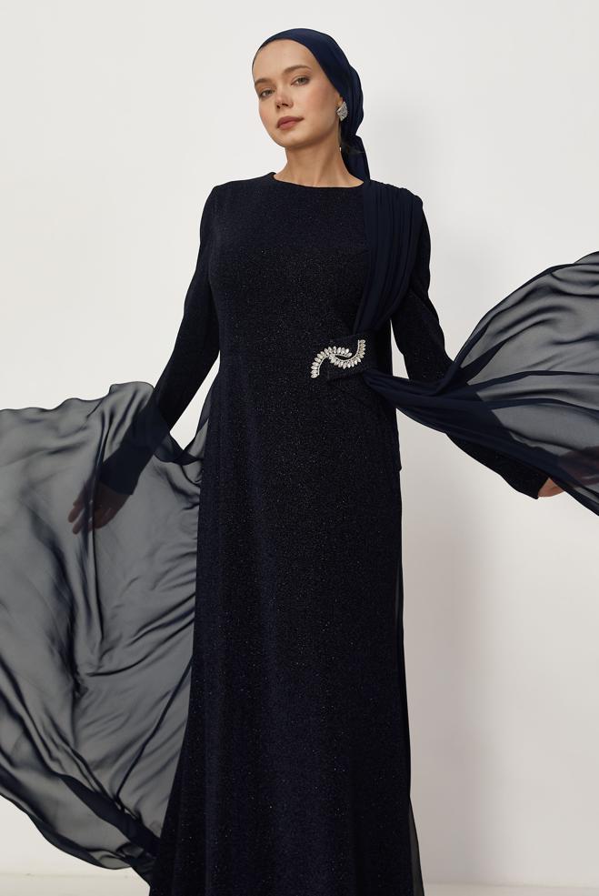 Vêtements hijab BLEU MARINE ROBE DE SOIRÉE DÉTAILLÉE EN TULLE 50550 - ALVİNA