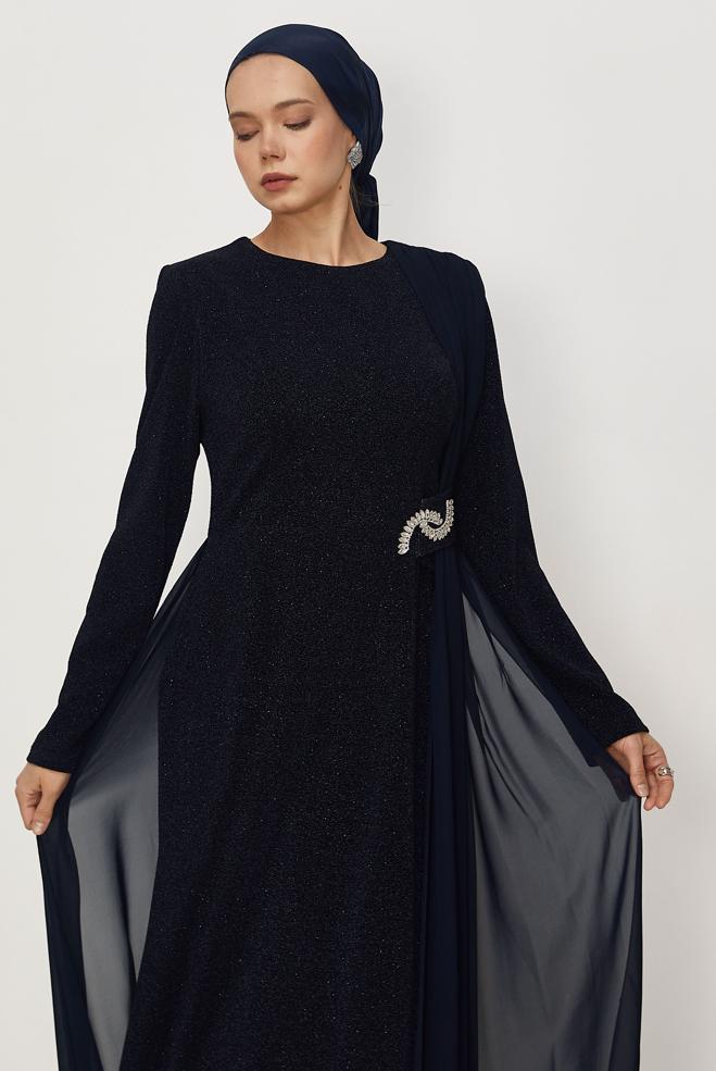 Vêtements hijab BLEU MARINE ROBE DE SOIRÉE DÉTAILLÉE EN TULLE 50550 - ALVİNA