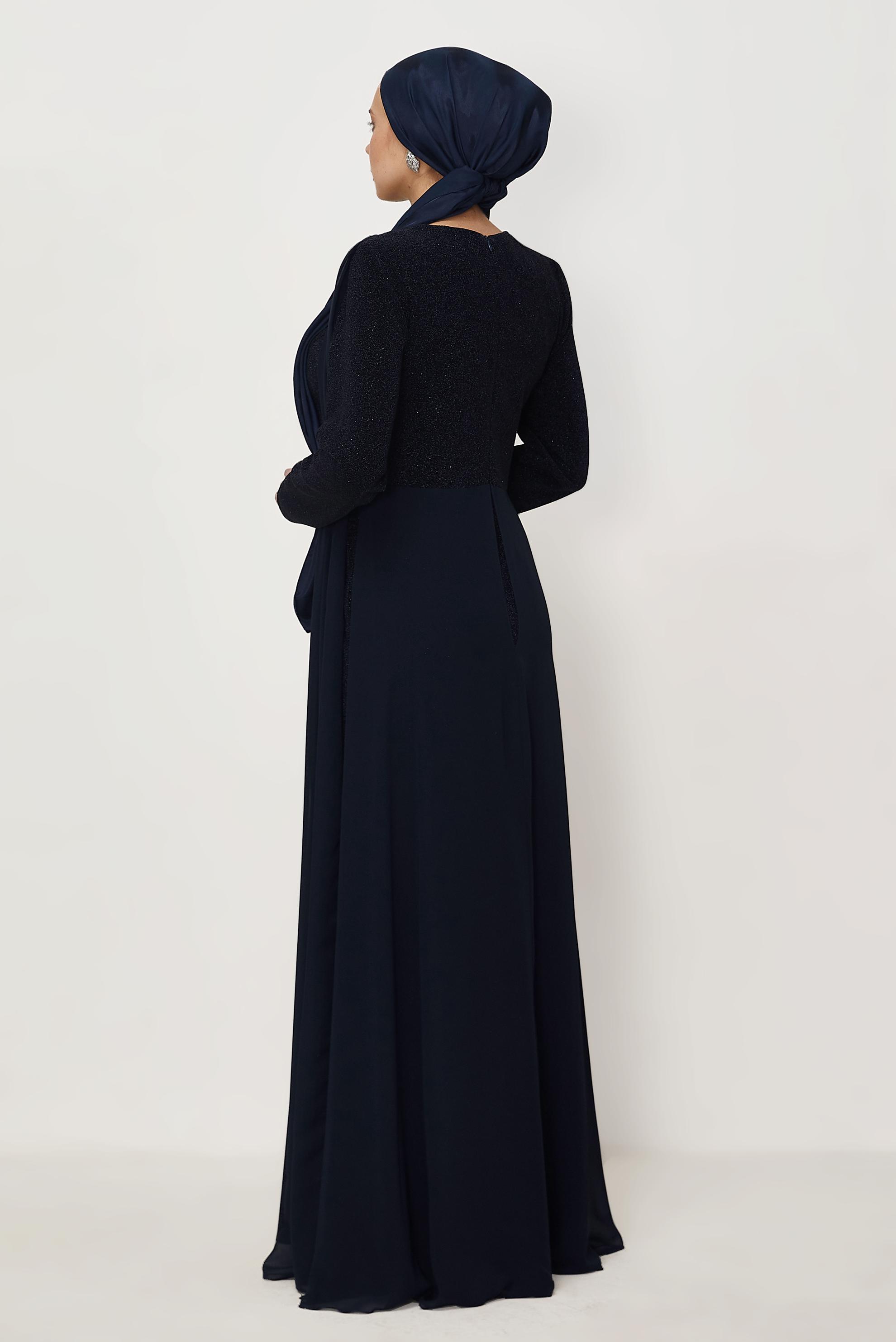 Hijab clothing NAVY BLUE TULLE DETAILED EVENING DRESS 50550