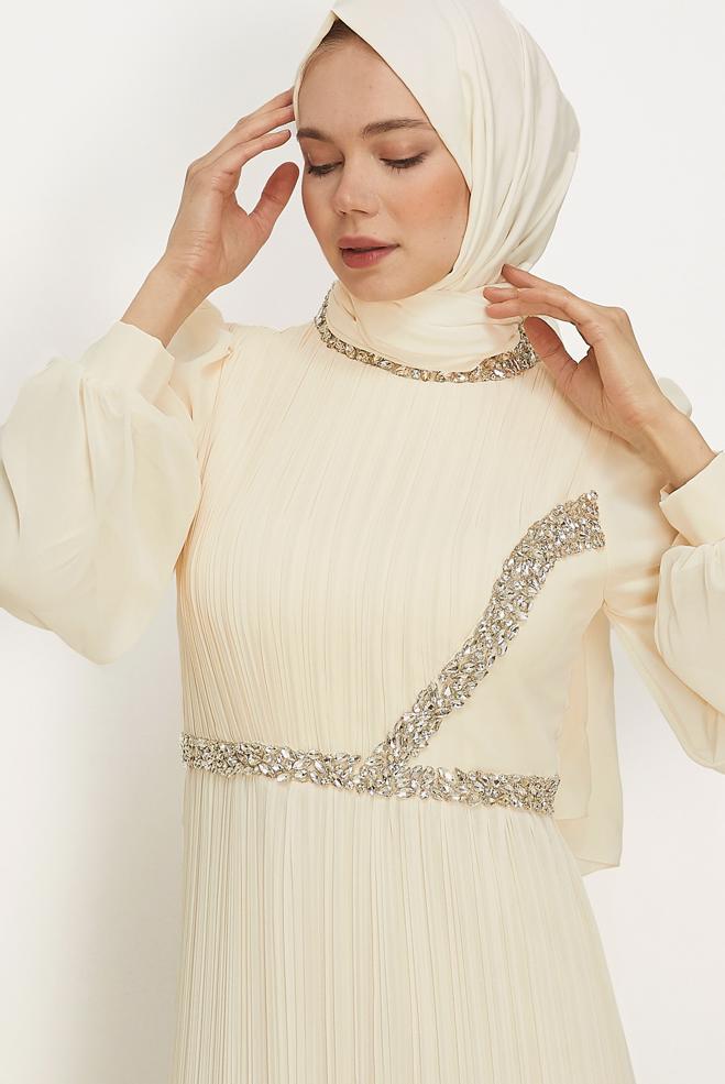 Vêtements hijab BEIGE ROBE DE SOIRÉE EN CHIFFON 50552 - ALVİNA