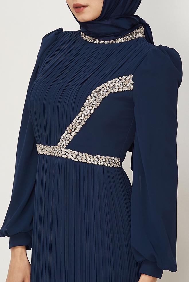 Vêtements hijab BLEU MARINE ROBE DE SOIRÉE EN CHIFFON 50552 - ALVİNA